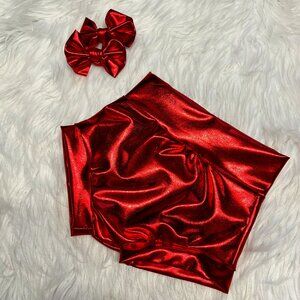 Red Metallic Bummy w/ 3 inch piggies 9-12 Months, Red Faux Leather Shorts